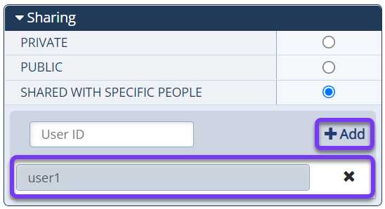 The Sharing section of the Congfiguration Panel with the "Shared with Specific People" option selected, causing the User ID field +Add button to appear and the previously added User ID